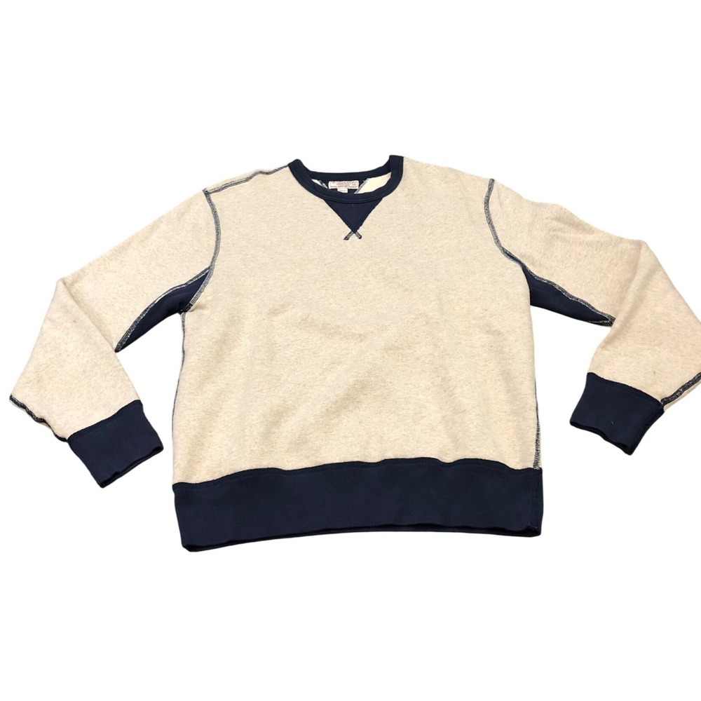 Wallace & Barnes Sweatshirt Mens Medium Beige Blue Crewneck Contrast Stitching